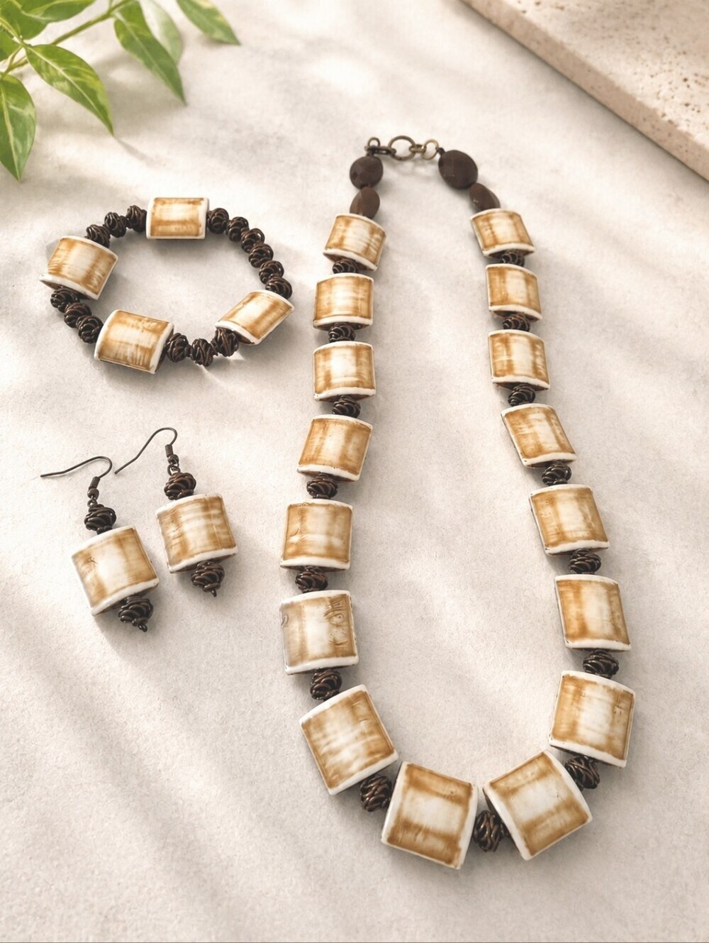 Earthy Brown & Cream Beaded Jewelry Set